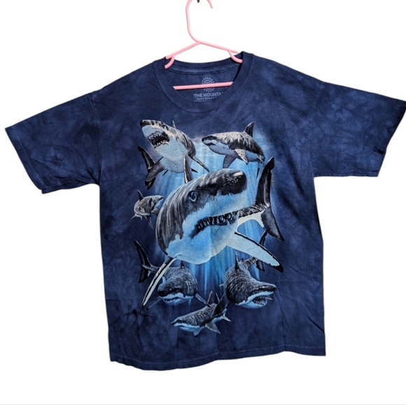 The Mountain Other - The Mountain kids unisex blue sharks graphic t shirt size XL tie dye k-306
